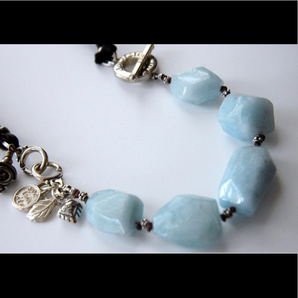 Aquamarine Gemstone Sterling Silver Leather Necklace - Custom Handmade Piece